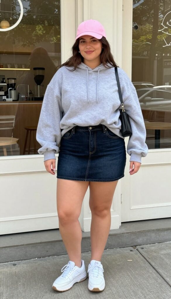 9. Hoodie with a Denim Skirt and Chunky Sneakers