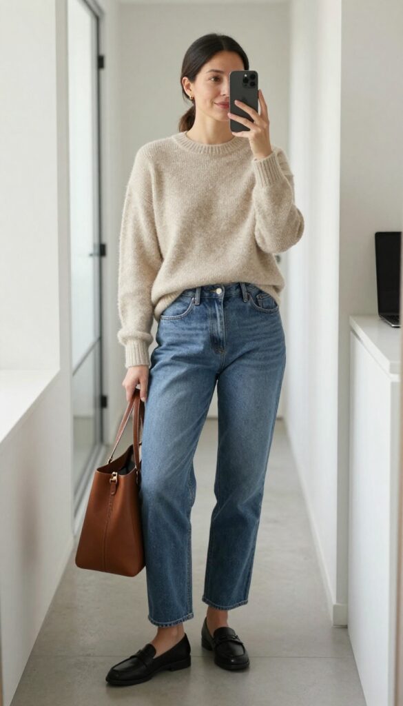 1. Soft Knit Sweater + Straight-Leg Jeans + Loafers
