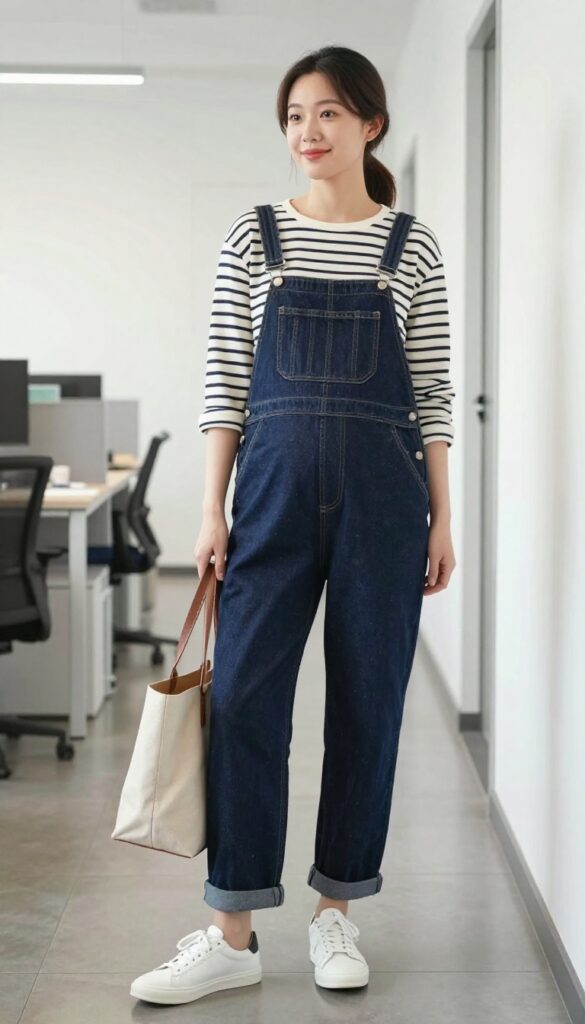 5. Maternity Overalls with a Striped Tee