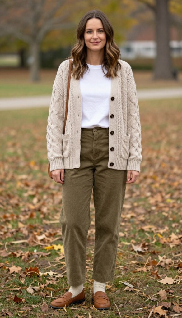 8. Cable-Knit Cardigan + Corduroy Pants + Loafers