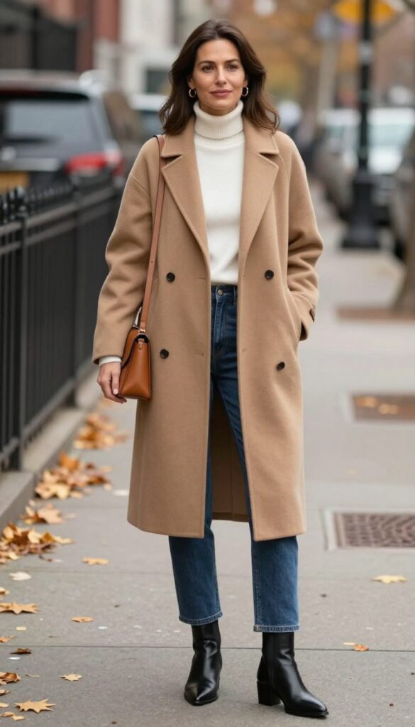 1. Camel Coat + White Turtleneck + Straight-Leg Jeans + Ankle Boots