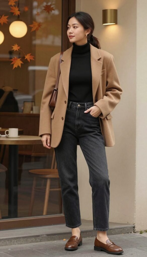 3. Wide-Leg Jeans + Fitted Turtleneck + Blazer