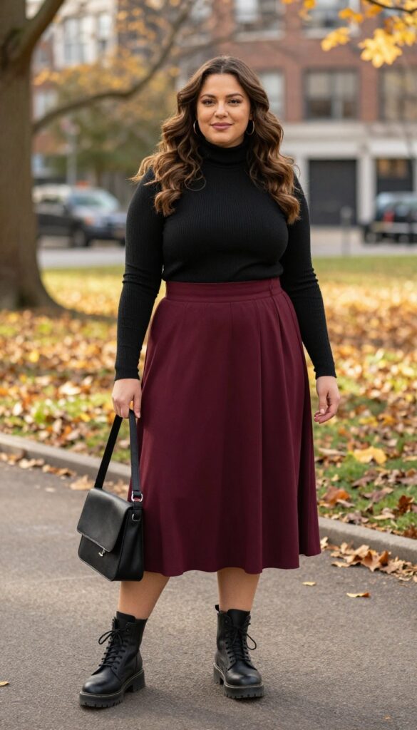 9. Burgundy Pleated Skirt + Black Turtleneck + Combat Boots