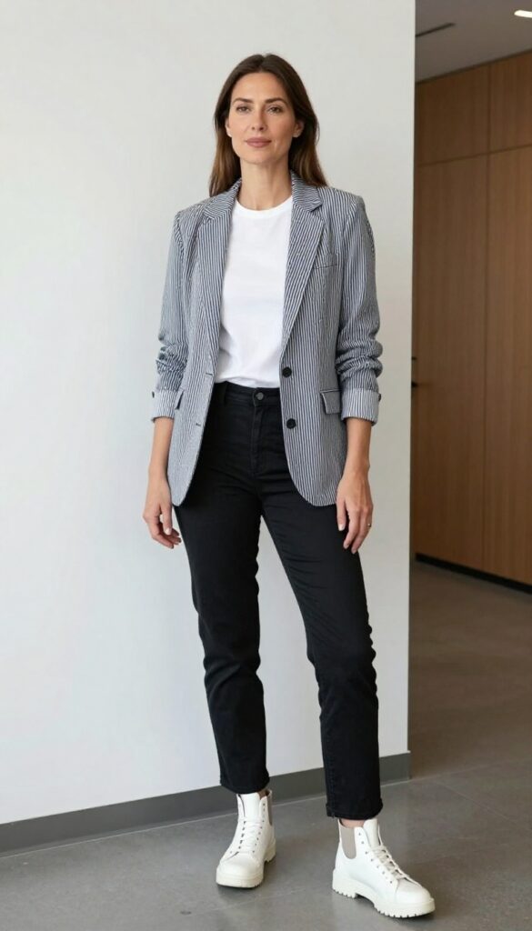 11. Striped Blazer + White Tee + Black Straight-Leg Trousers + White Chunky Sneaker Boots