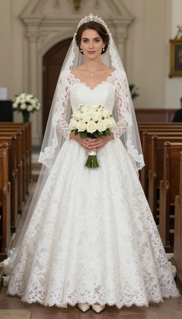Woman in white lace-sleeve ballgown with sweetheart neckline and full skirt, holding white rose bouquet in church aisle.