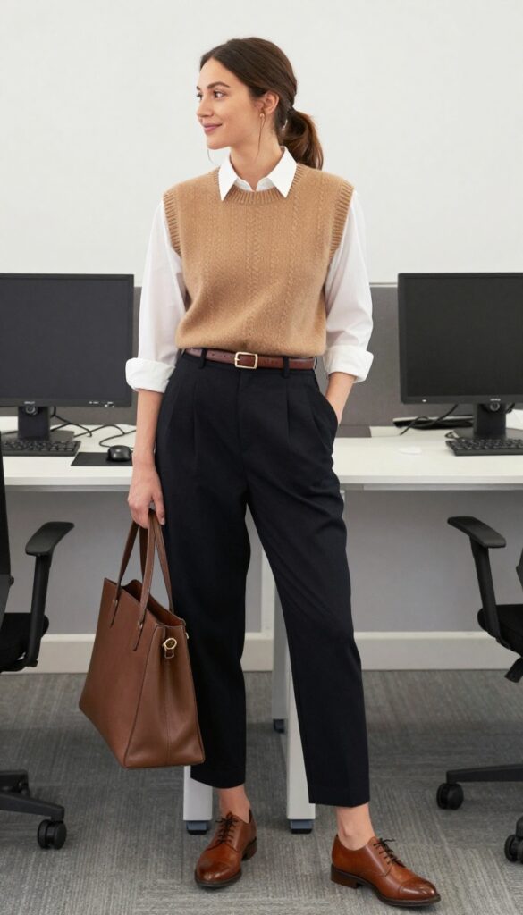 11. Sweater Vest with a Collared Shirt and Pleated Trousers