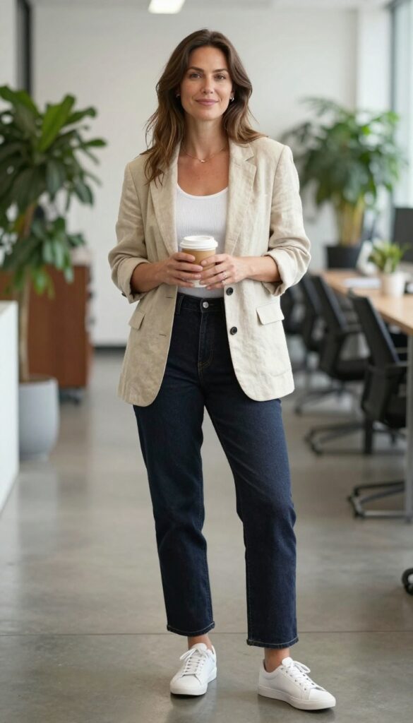 4. Relaxed Blazer over a Ribbed Tank and Straight-Leg Jeans