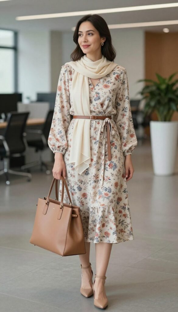 6. Wrap Dress + Solid Hijab + Block Heels