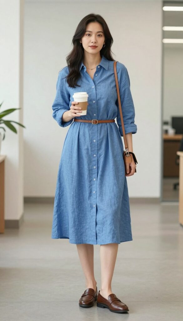 3. The Shirt Dress with a Belt and Loafers