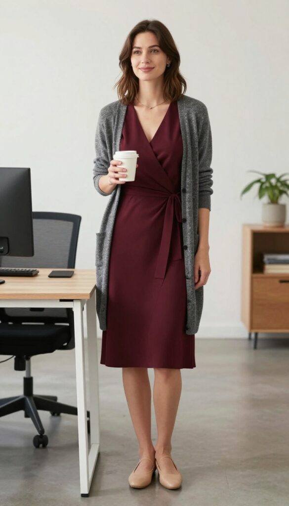 11. Wrap Dress with a Cardigan and Ballet Flats