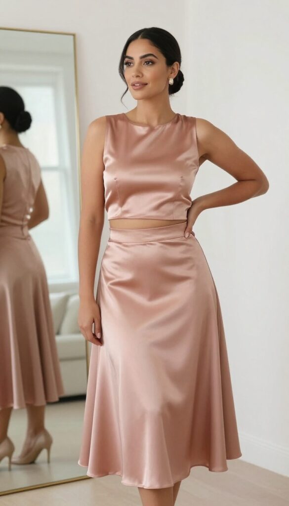 Rose gold two-piece wedding outfit with crop top and skirt on a woman in a modern indoor setting