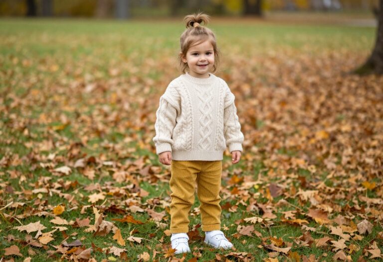 Toddler girl in cozy fall outfit with sweater and corduroy pants