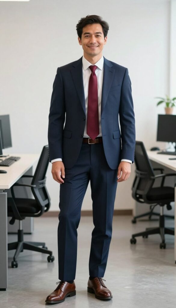1. The Navy Suit with a White Dress Shirt and Burgundy Tie