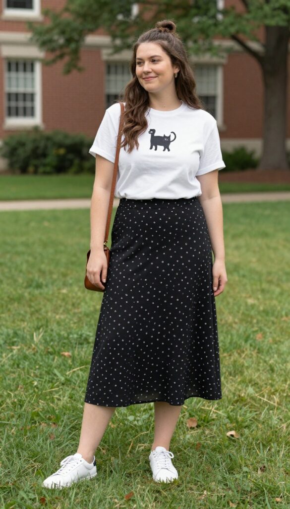 2. Graphic Tee and Midi Skirt