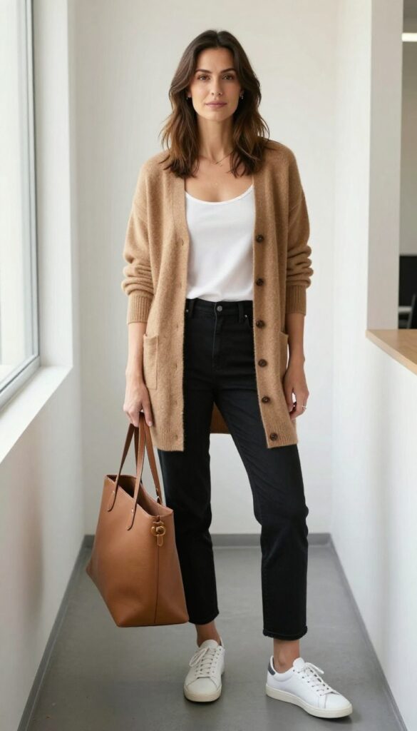 6. Cashmere Cardigan with Straight-Leg Pants