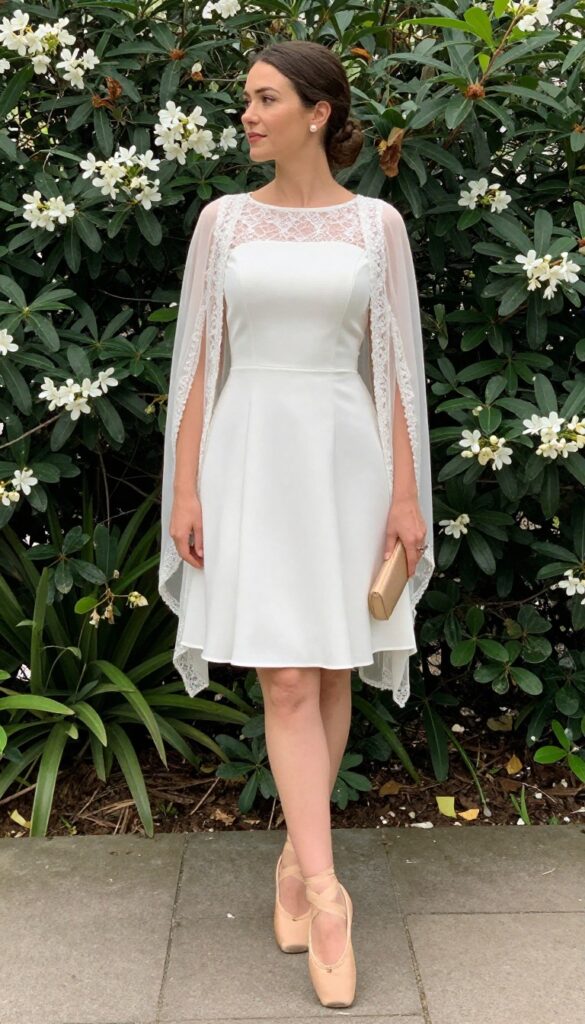 4. Tea-Length Dress with a Lace-Trimmed Cape
