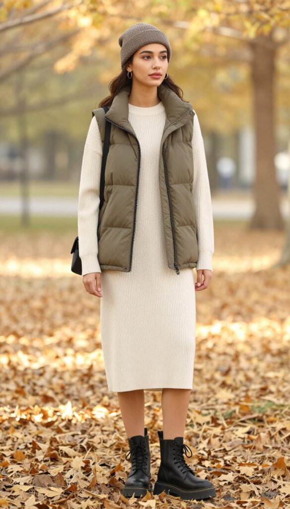 8. Puffer Vest + Knit Dress + Combat Boots