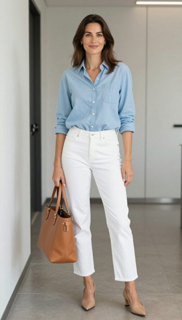 9. Chambray Shirt + White Jeans + Nude Pumps