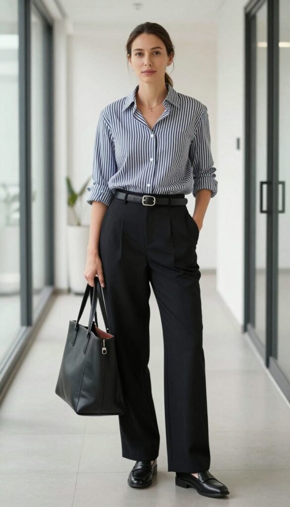 2. Striped Button-Down + Black Wide-Leg Pants + Loafers