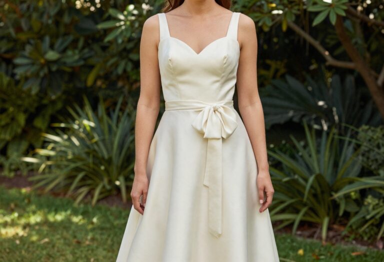 Woman in convertible wedding dress with formal bow in garden