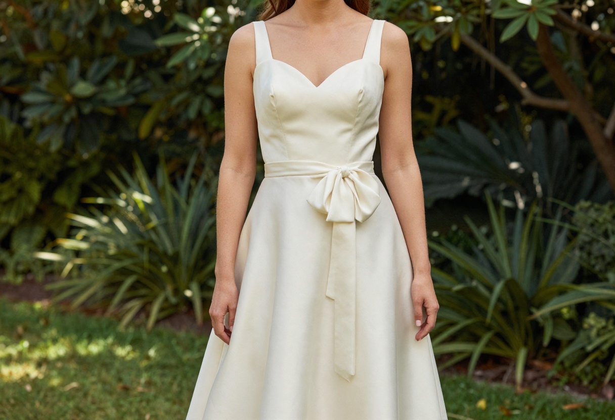 Woman in convertible wedding dress with formal bow in garden