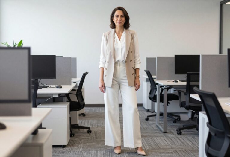 Woman in tailored blazer vest with wide-leg trousers and pumps in a modern office