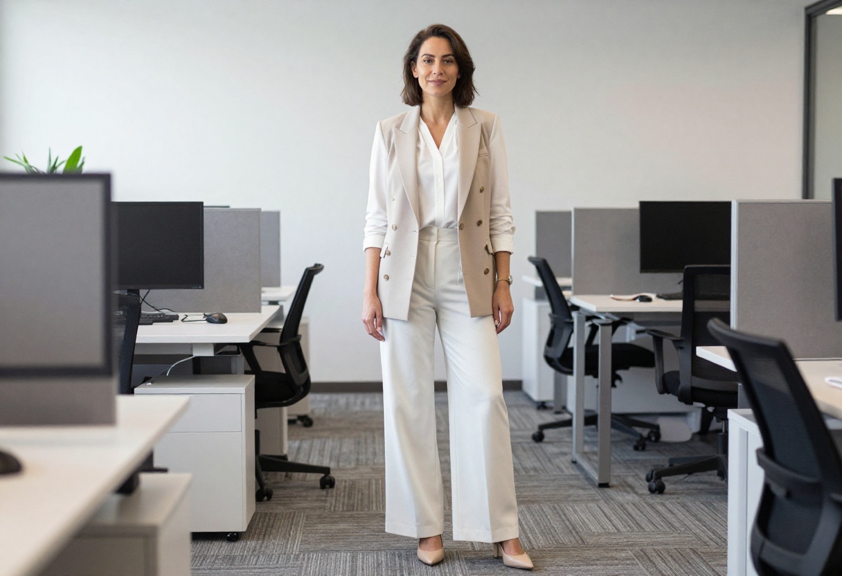 Woman in tailored blazer vest with wide-leg trousers and pumps in a modern office