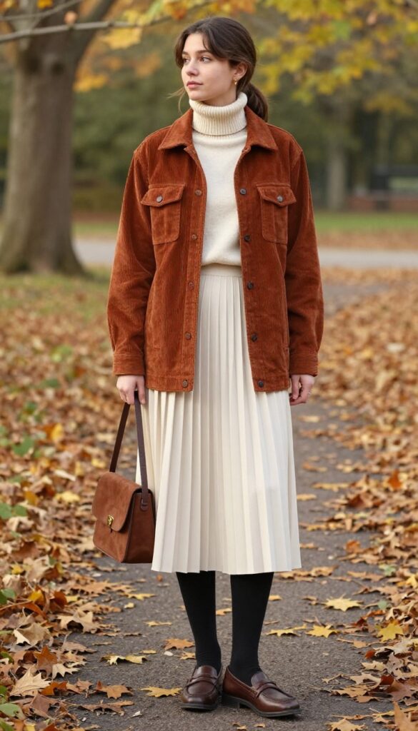 9. Corduroy Jacket with Pleated Skirt