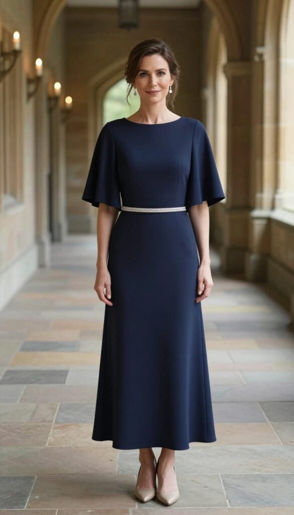 Woman in navy cape-sleeve dress with embellished belt and drop earrings in castle hallway