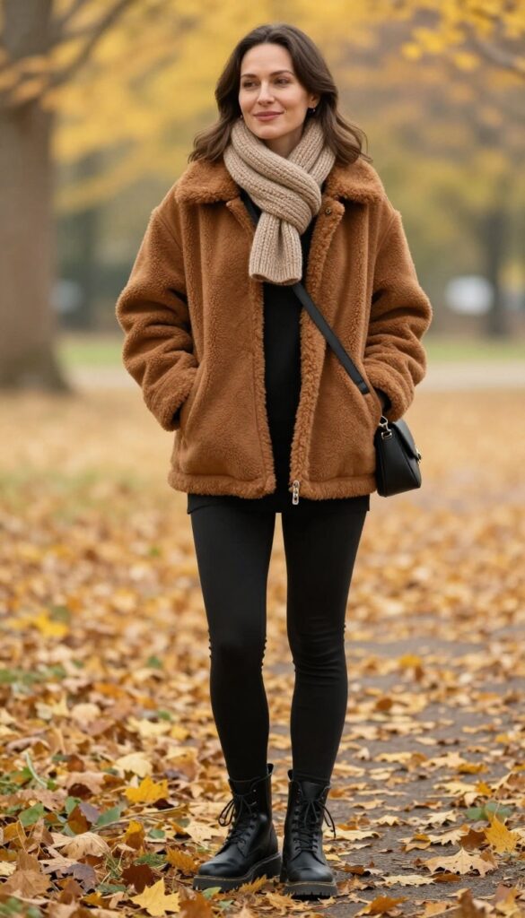 12. Honey Brown Shearling Jacket with Black Leggings