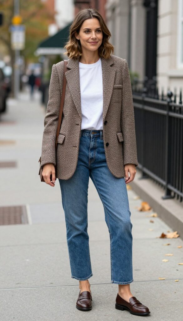 12. Tweed Blazer + Straight-Leg Jeans + Loafers