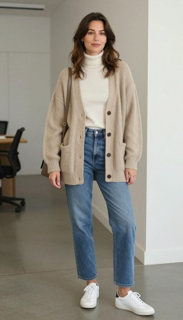5. Oversized Cardigan + Turtleneck + Straight-Leg Jeans