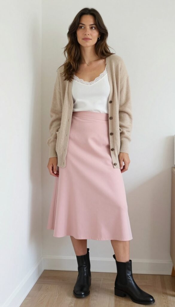 6. Cardigan + Camisole + Midi Skirt + Ankle Boots