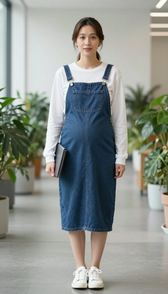 15. Maternity Overall Dress with a Long-Sleeve Tee
