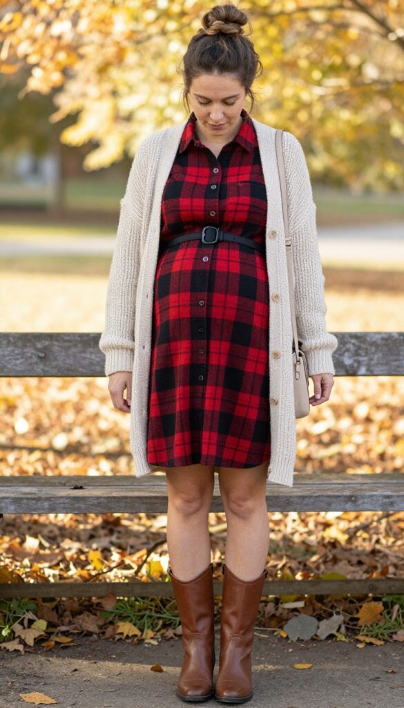 2. Flannel Shirt Dress with Belt and Riding Boots