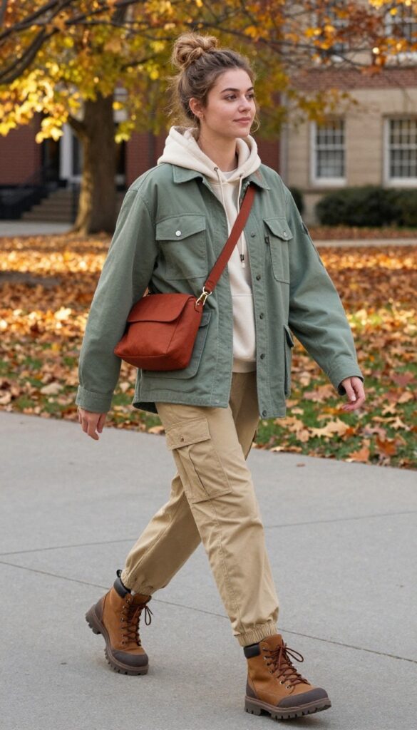10. Utility Jacket with a Hoodie, Cargo Pants, and Hiking Boots