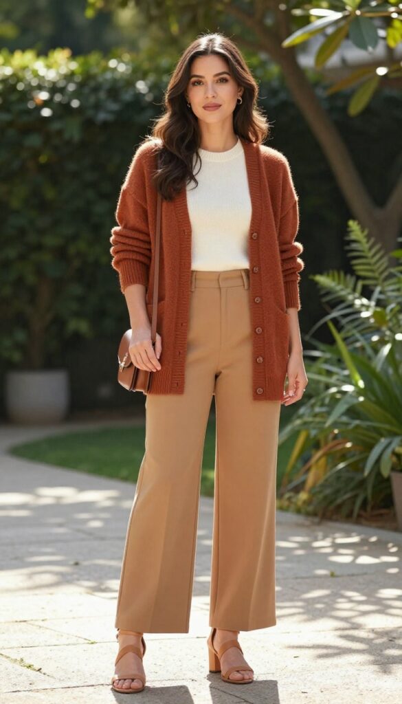 Woman in her 30s wearing camel high-waist trousers, cream cropped top, and rust cardigan in a garden, holding a bouquet.