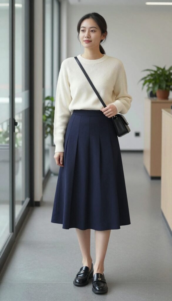 2. Knit Sweater + Pleated Midi Skirt + Loafers