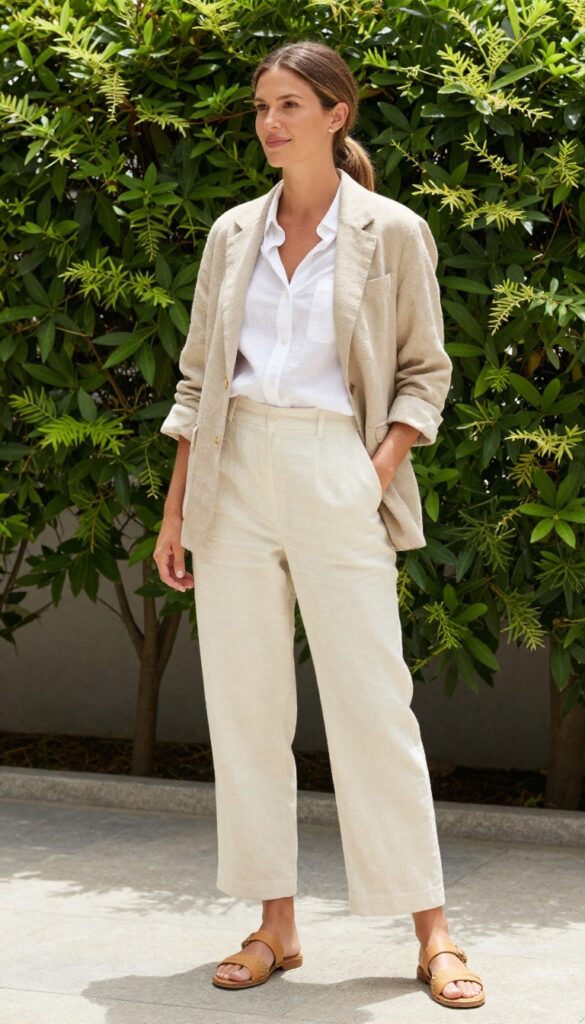 15. Blazer with Linen Shirt and Wide-Leg Pants