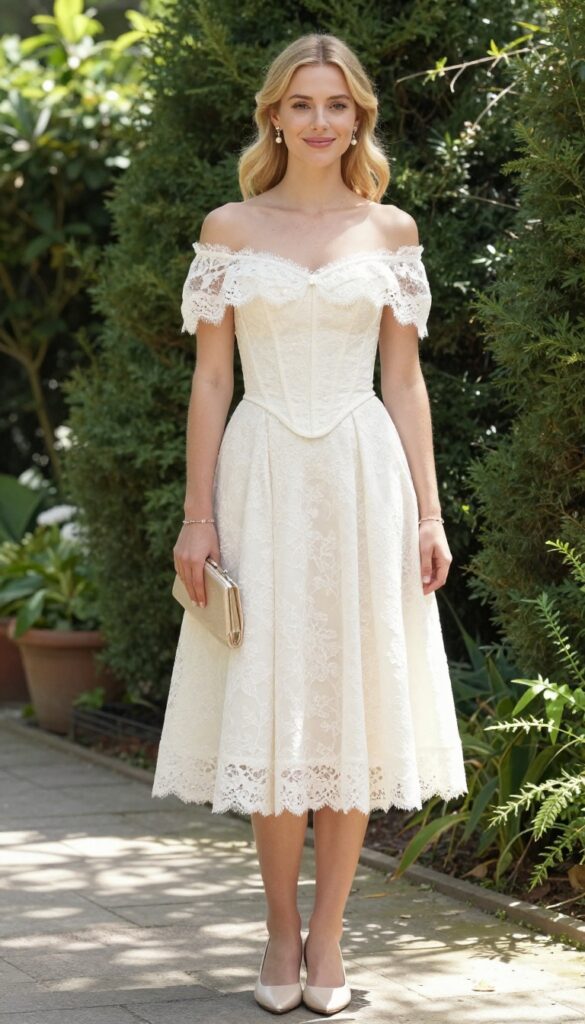 Woman in vintage off-the-shoulder lace corset and tea-length skirt at garden wedding