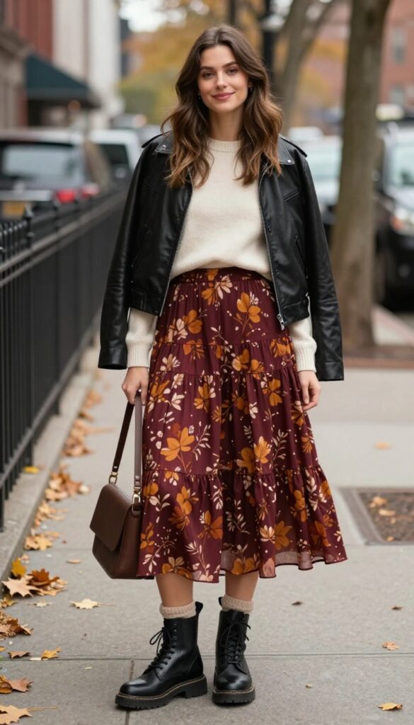6. Tiered Maxi Skirt with Combat Boots and a Cropped Sweater