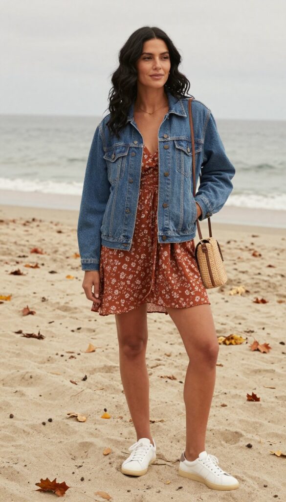 2. Denim Jacket over a Midi Dress