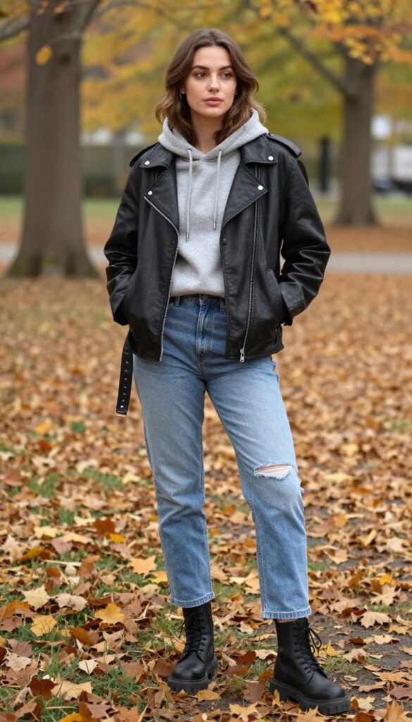 4. Cozy Hoodie Under a Moto Jacket with Distressed Jeans