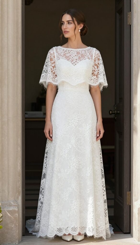 Woman in cap sleeves wedding dress with lace capelet at church doorway