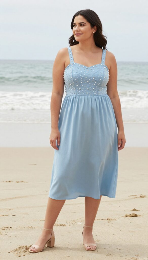 Woman in light blue A-line embroidered dress, pearl earrings, nude block heels, standing on beach, smiling, sunny daytime.