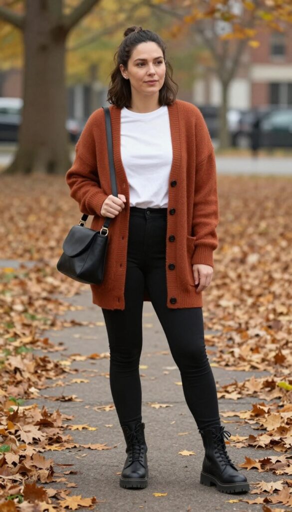 3. Long Cardigan + Basic Tee + Leggings + Combat Boots