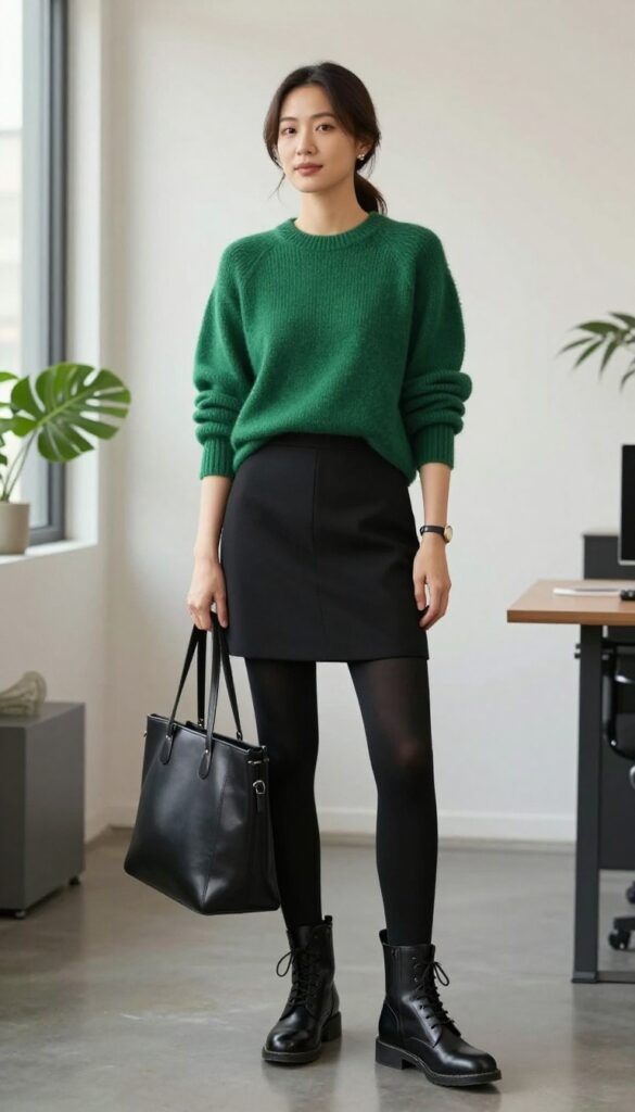 12. Emerald Green Sweater + Black A-Line Skirt + Black Tights + Black Lace-Up Boots