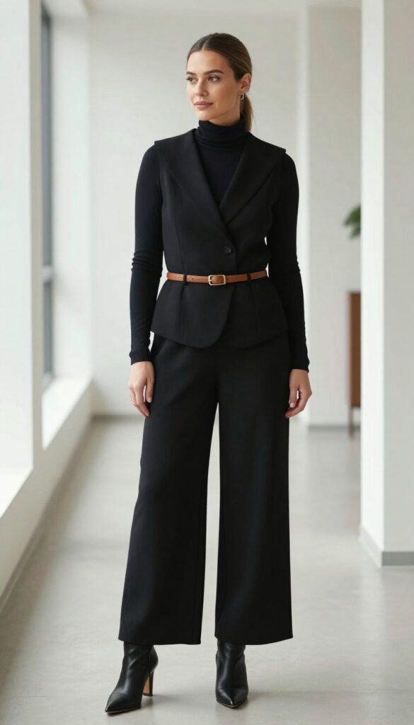 13. Vest with a Turtleneck and Wide-Leg Jumpsuit
