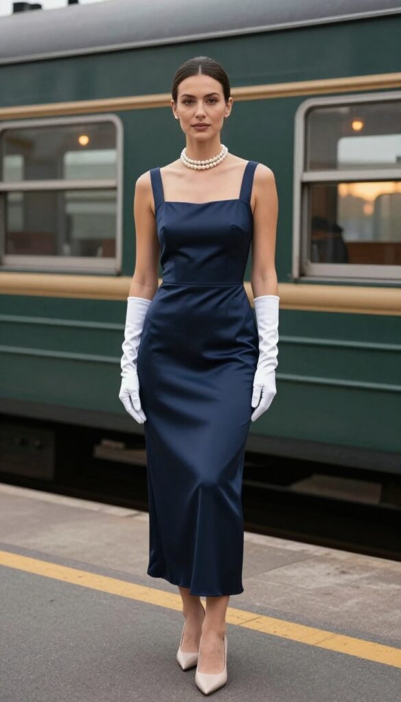 Woman in navy silk gown and white opera gloves beside vintage train carriage at dusk