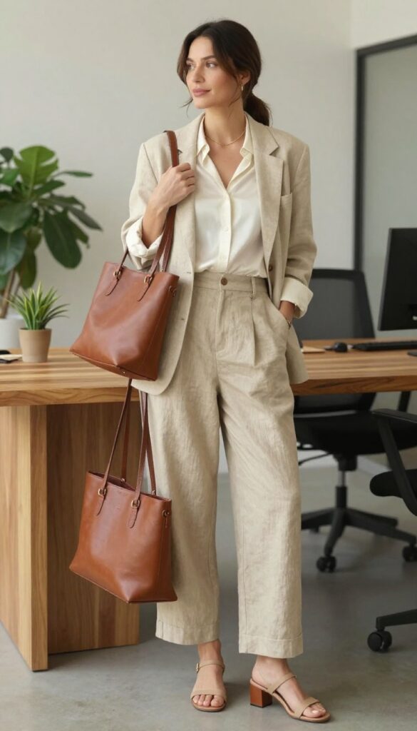 11. Brown Leather Tote with a Monochrome Beige Outfit